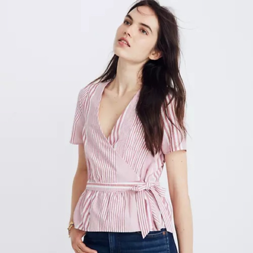 Madewell pink striped wrap blouse